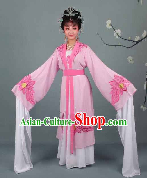 Top Grade Professional Beijing Opera Palace Lady Costume Hua Tan Pink Water Sleeve Embroidered Clothing, Traditional Ancient Chinese Peking Opera Diva Embroidery Lotus Clothing
