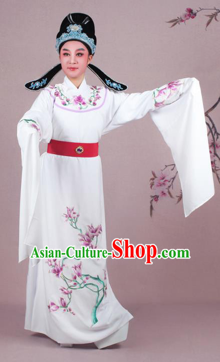 Traditional China Beijing Opera Niche Costume White Embroidered Robe and Headwear, Ancient Chinese Peking Opera Embroidery Mangnolia Lang Scholar Clothing