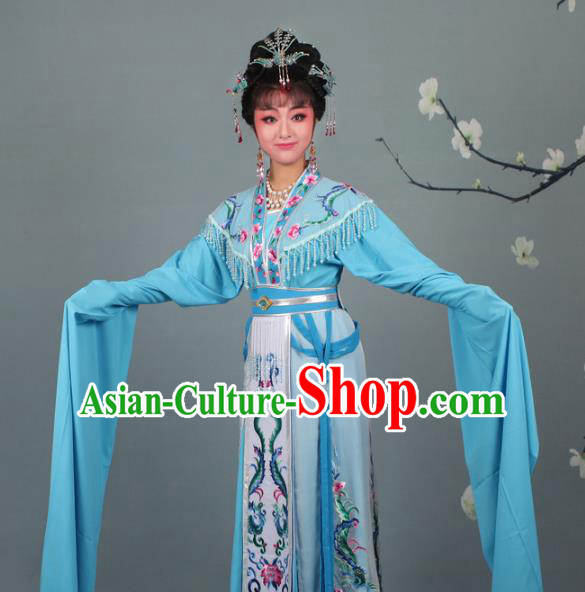Top Grade Professional Beijing Opera Palace Lady Costume Hua Tan Blue Embroidered Dress, Traditional Ancient Chinese Peking Opera Diva Embroidery Phoenix Clothing