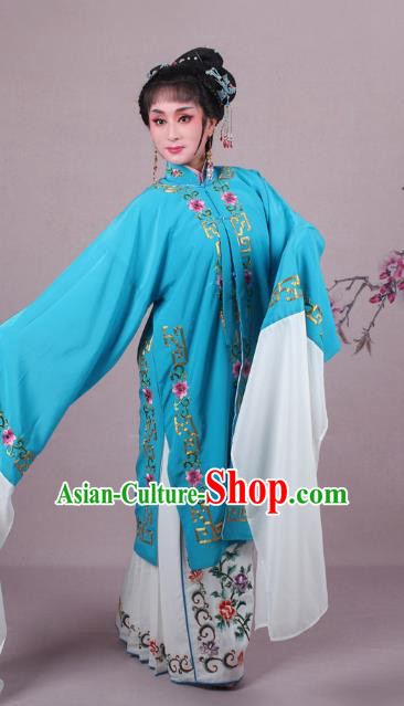 Top Grade Professional Beijing Opera Female Role Costume Blue Embroidered Cape, Traditional Ancient Chinese Peking Opera Diva Embroidery Clothing