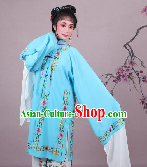 Top Grade Professional Beijing Opera Female Role Costume Blue Embroidered Cape, Traditional Ancient Chinese Peking Opera Diva Embroidery Clothing