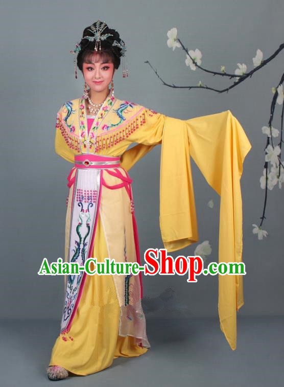 Top Grade Professional Beijing Opera Palace Lady Costume Hua Tan Yellow Embroidered Dress, Traditional Ancient Chinese Peking Opera Diva Embroidery Phoenix Clothing