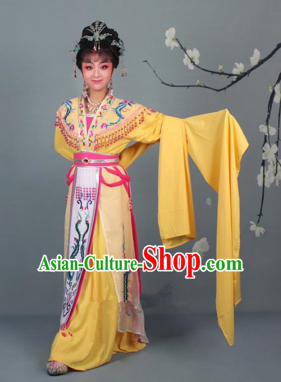 Top Grade Professional Beijing Opera Palace Lady Costume Hua Tan Yellow Embroidered Dress, Traditional Ancient Chinese Peking Opera Diva Embroidery Phoenix Clothing