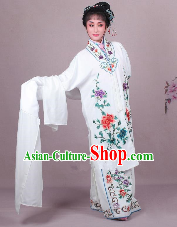 Top Grade Professional Beijing Opera Female Role Costume Imperial Concubine White Embroidered Cape, Traditional Ancient Chinese Peking Opera Diva Embroidery Peony Clothing