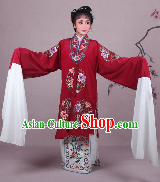 Top Grade Professional Beijing Opera Nobility Lady Costume Princess Dark Red Embroidered Cape, Traditional Ancient Chinese Peking Opera Diva Embroidery Clothing