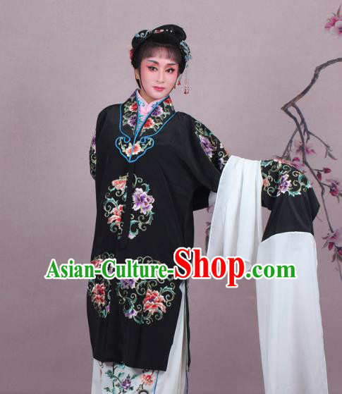 Top Grade Professional Beijing Opera Nobility Lady Costume Princess Black Embroidered Cape, Traditional Ancient Chinese Peking Opera Diva Embroidery Clothing