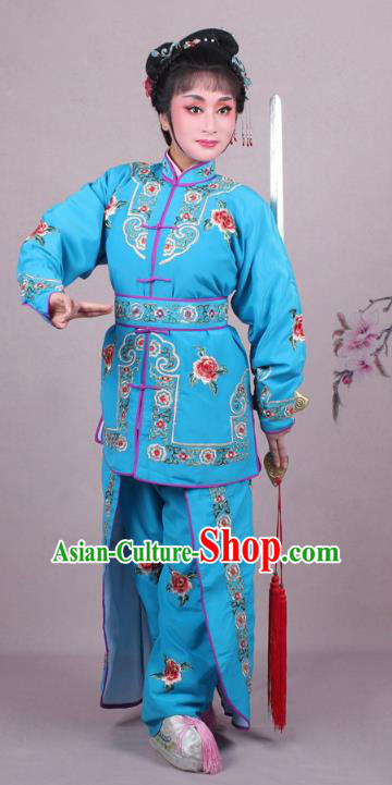 Traditional China Beijing Opera Swordplay Costume Embroidered Blue Clothing, Ancient Chinese Peking Opera Blues Female General Embroidery Dress Clothing