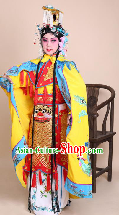 Traditional China Beijing Opera Swordplay Costume Female Warriors Yellow Embroidered Robe with Cloak, Ancient Chinese Peking Opera Blues Embroidery Clothing for Kids