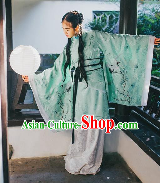 Traditional Chinese Han Dynasty Young Lady Embroidery Cranes Costume, Elegant Hanfu Curve Bottom Chinese Ancient Princess Dress Clothing