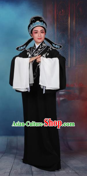 Top Grade Professional Beijing Opera Niche Costume Scholar Black Robe and Hat, Traditional Ancient Chinese Peking Opera Embroidery Clothing