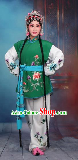 Top Grade Professional Beijing Opera Young Lady Costume Mui Tsai Deep Green Embroidered Vest Clothing, Traditional Ancient Chinese Peking Opera Maidservants Embroidery Clothing