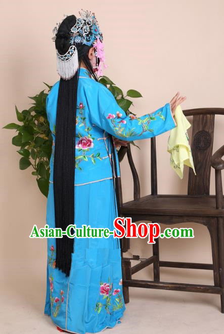 Top Grade Professional Beijing Opera Mui Tsai Costume Blue Embroidered Clothing, Traditional Ancient Chinese Peking Opera Maidservants Embroidery Clothing for Kids