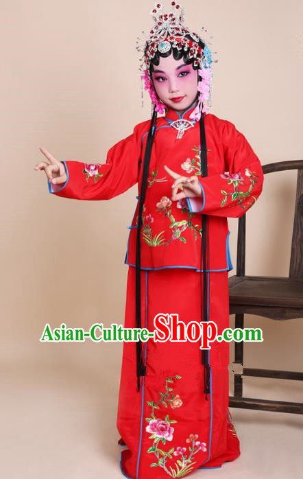 Top Grade Professional Beijing Opera Mui Tsai Costume Red Embroidered Clothing, Traditional Ancient Chinese Peking Opera Maidservants Embroidery Clothing for Kids