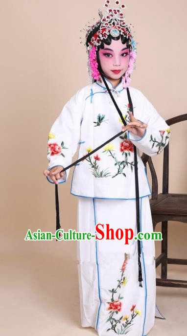 Top Grade Professional Beijing Opera Mui Tsai Costume White Embroidered Clothing, Traditional Ancient Chinese Peking Opera Maidservants Embroidery Clothing for Kids