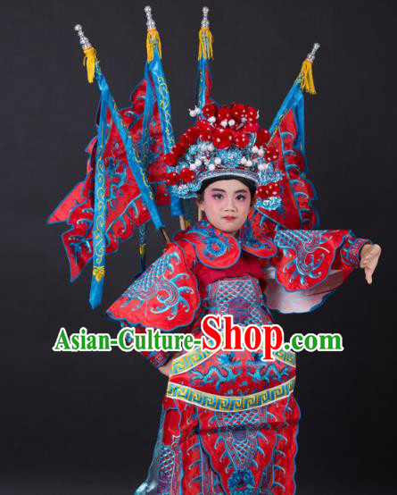 Traditional China Beijing Opera Takefu General Costume and Headwear Complete Set, Ancient Chinese Peking Opera Wu-Sheng Military Officer Embroidery Red Clothing for Kids