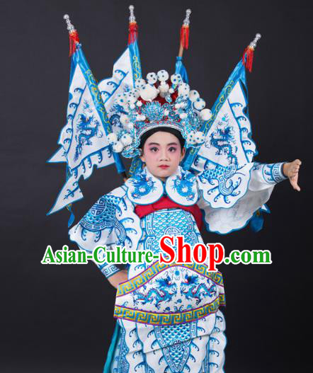 Traditional China Beijing Opera Takefu General Costume and Headwear Complete Set, Ancient Chinese Peking Opera Wu-Sheng Military Officer Embroidery White Clothing for Kids
