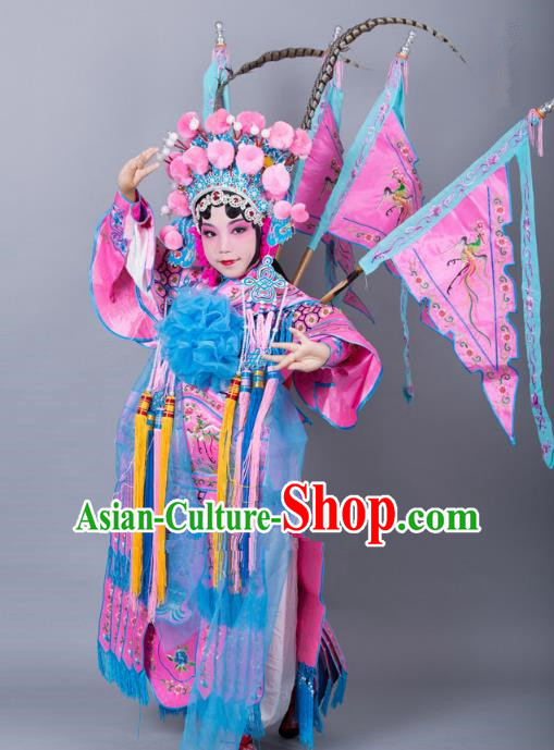 Traditional China Beijing Opera Female General Costume and Headwear Complete Set, Ancient Chinese Peking Opera Swordplay Military Officer Embroidery Pink Clothing for Kids