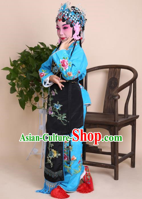 Top Grade Professional Beijing Opera Young Lady Costume Blue Embroidered Clothing, Traditional Ancient Chinese Peking Opera Maidservants Embroidery Clothing for Kids