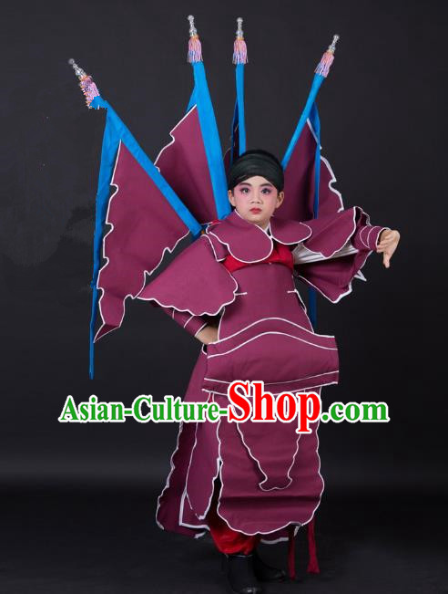 Traditional China Beijing Opera Takefu General Costume and Headwear Complete Set, Ancient Chinese Peking Opera Wu-Sheng Military Officer Clothing for Kids