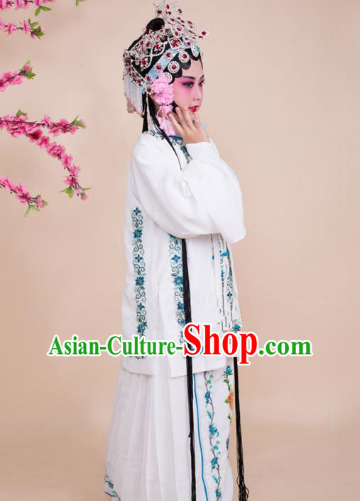 Top Grade Professional China Beijing Opera Costume White Embroidered Dress, Ancient Chinese Peking Opera Diva Hua Tan Embroidery Phoenix Clothing for Kids