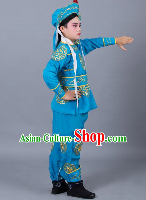Traditional China Beijing Opera Takefu Costume, Ancient Chinese Peking Opera Wu-Sheng Warrior Embroidery Blue Clothing