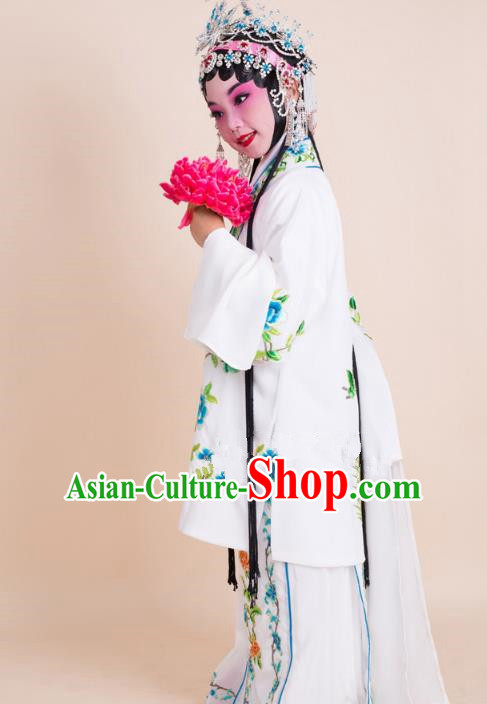 Top Grade Professional China Beijing Opera Costume White Embroidered Cape, Ancient Chinese Peking Opera Diva Hua Tan Embroidery Dress Clothing for Kids