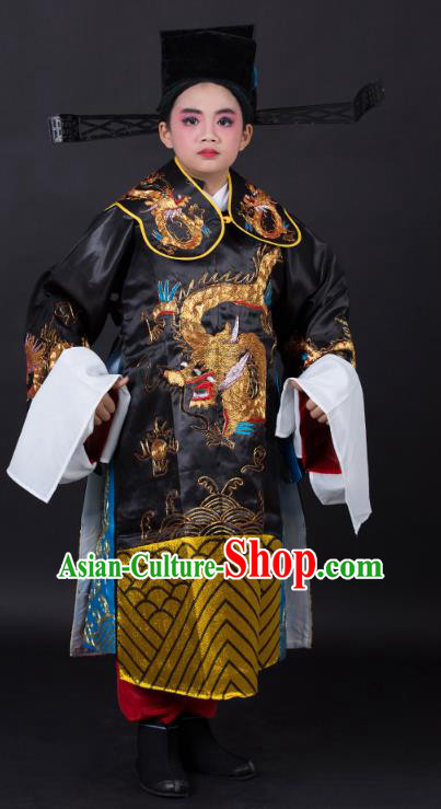 Traditional China Beijing Opera Costume Prime Minister Embroidered Robe and Headwear, Ancient Chinese Peking Opera Bao Zheng Embroidery Gwanbok Clothing for Kids