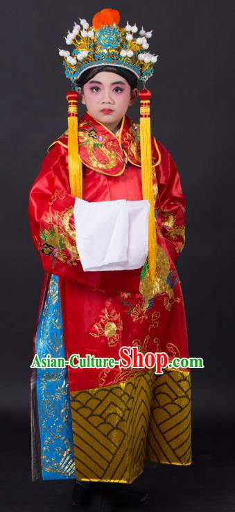 Traditional China Beijing Opera Costume Prime Minister Embroidered Robe and Headwear, Ancient Chinese Peking Opera God of Wealth Embroidery Gwanbok Clothing for Kids