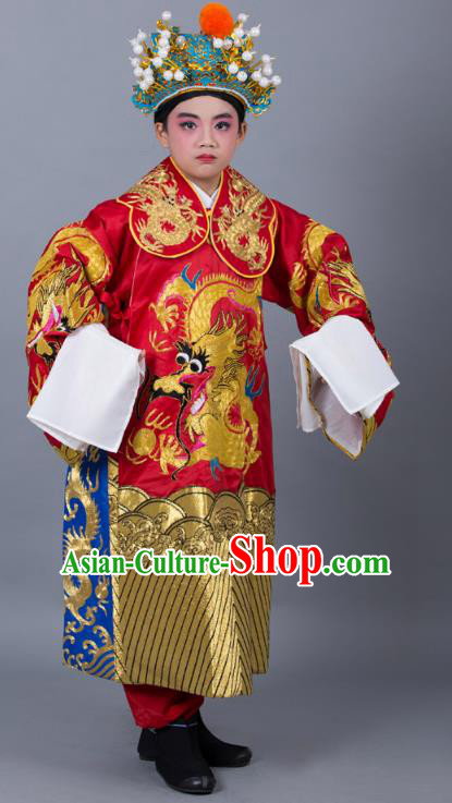 Traditional China Beijing Opera Costume Prime Minister Red Embroidered Robe and Headwear, Ancient Chinese Peking Opera Bao Zheng Embroidery Dragon Gwanbok Clothing for Kids