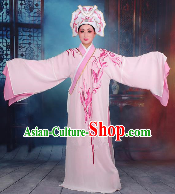 Top Grade Professional Beijing Opera Scholar Costume Niche Embroidered Light Pink Robe and Headwear, Traditional Ancient Chinese Peking Opera Butterfly Lovers Embroidery Clothing