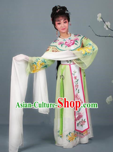 Top Grade Professional Beijing Opera Diva Costume Palace Lady Green Embroidered Dress, Traditional Ancient Chinese Peking Opera Princess Embroidery Peony Clothing