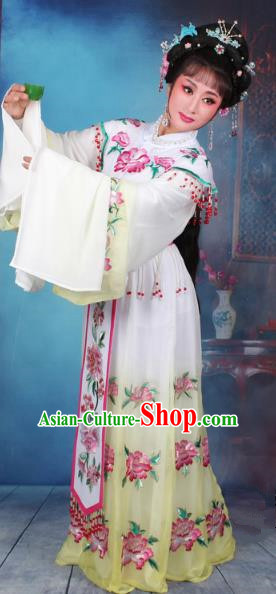 Top Grade Professional Beijing Opera Diva Costume Palace Lady Water Sleeve Yellow Embroidered Dress, Traditional Ancient Chinese Peking Opera Princess Embroidery Peony Clothing