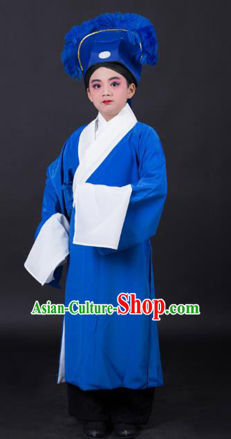 Top Grade Professional Beijing Opera Niche Costume Scholar Blue Robe and Headwear, Traditional Ancient Chinese Peking Opera Embroidery Clothing for Kids
