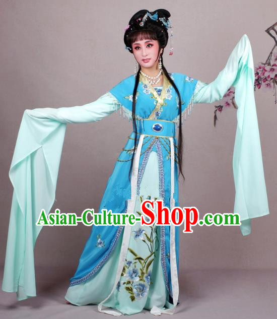 Top Grade Professional Beijing Opera Diva Costume Blue Embroidered Clothing, Traditional Ancient Chinese Peking Opera Hua Tan Princess Embroidery Dress