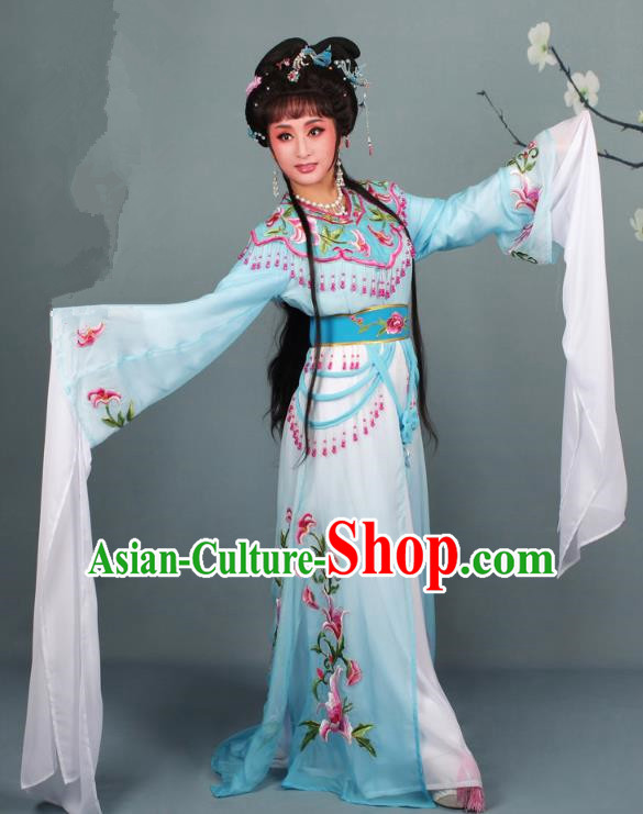 Top Grade Professional Beijing Opera Diva Costume Hua Tan Blue Embroidered Clothing, Traditional Ancient Chinese Peking Opera Princess Embroidery Dress