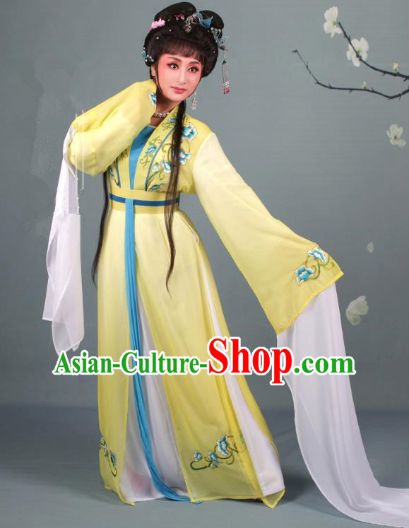 Top Grade Professional Beijing Opera Diva Costume Hua Tan Water Sleeve Embroidered Yellow Dress, Traditional Ancient Chinese Peking Opera Princess Embroidery Clothing