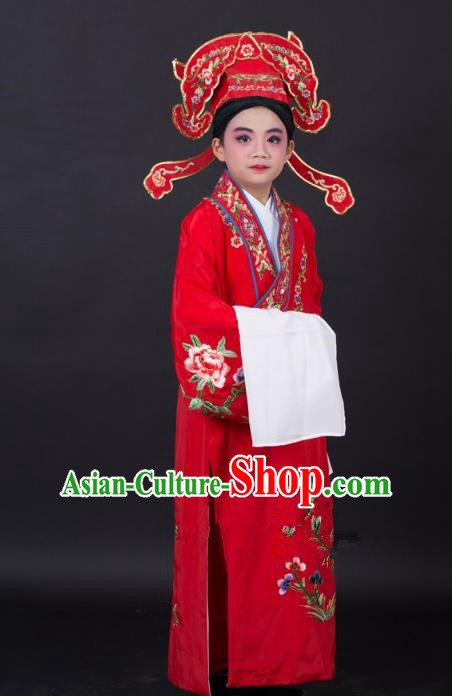 Top Grade Professional Beijing Opera Niche Costume Gifted Scholar Red Embroidered Robe and Headwear, Traditional Ancient Chinese Peking Opera Embroidery Clothing for Kids