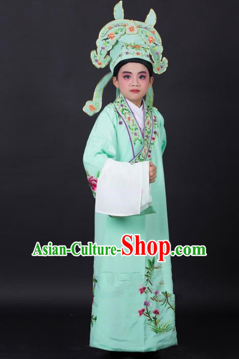 Top Grade Professional Beijing Opera Niche Costume Gifted Scholar Green Embroidered Robe and Headwear, Traditional Ancient Chinese Peking Opera Embroidery Clothing for Kids