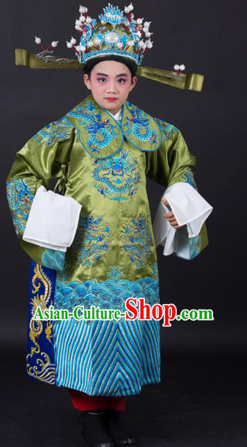 Traditional China Beijing Opera Costume Emperor Embroidered Green Robe and Headwear, Ancient Chinese Peking Opera Embroidery Dragon Gwanbok Clothing for Kids