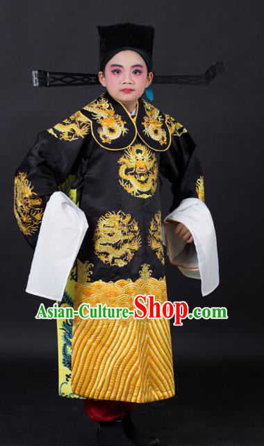 Traditional China Beijing Opera Costume Prime Minister Embroidered Robe and Headwear, Ancient Chinese Peking Opera Bao Zheng Embroidery Dragon Gwanbok Clothing for Kids
