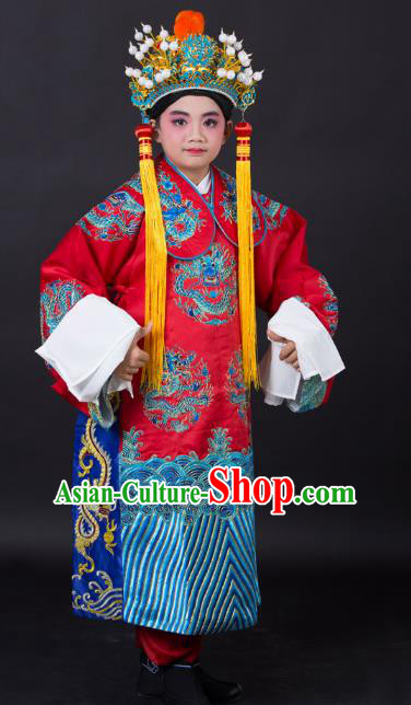 Traditional China Beijing Opera Costume Emperor Embroidered Robe and Headwear, Ancient Chinese Peking Opera Embroidery Dragon Gwanbok Clothing for Kids