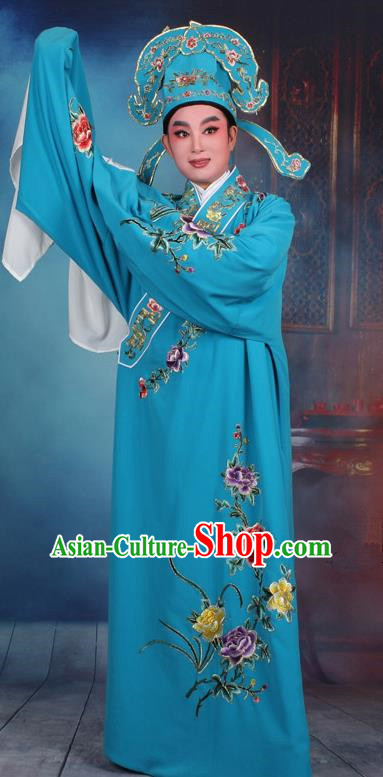 Top Grade Professional Beijing Opera Niche Costume Gifted Scholar Blue Embroidered Robe, Traditional Ancient Chinese Peking Opera Embroidery Clothing