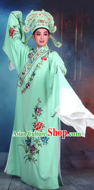 Top Grade Professional Beijing Opera Niche Costume Gifted Scholar Green Embroidered Robe, Traditional Ancient Chinese Peking Opera Embroidery Clothing