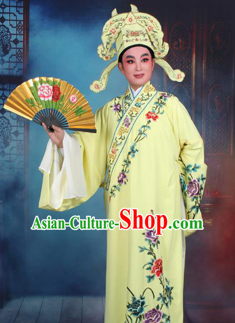 Top Grade Professional Beijing Opera Niche Costume Gifted Scholar Yellow Embroidered Robe, Traditional Ancient Chinese Peking Opera Embroidery Clothing
