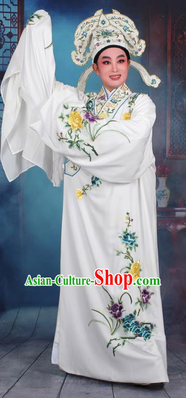 Top Grade Professional Beijing Opera Niche Costume Gifted Scholar White Embroidered Robe, Traditional Ancient Chinese Peking Opera Embroidery Clothing