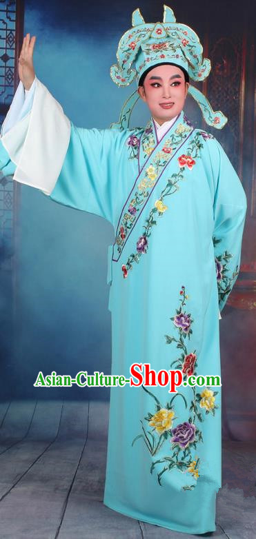 Top Grade Professional Beijing Opera Niche Costume Gifted Scholar Light Blue Embroidered Robe, Traditional Ancient Chinese Peking Opera Embroidery Clothing