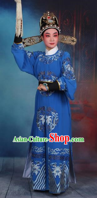 Top Grade Professional Beijing Opera Niche Costume General Blue Embroidered Robe and Headwear, Traditional Ancient Chinese Peking Opera Takefu Clothing