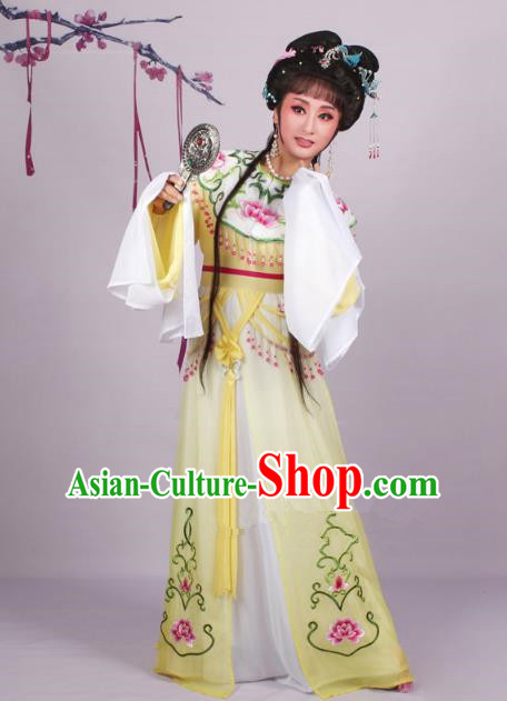 Top Grade Professional Beijing Opera Diva Costume Yellow Embroidered Dress, Traditional Ancient Chinese Peking Opera Hua Tan Princess Embroidery Clothing