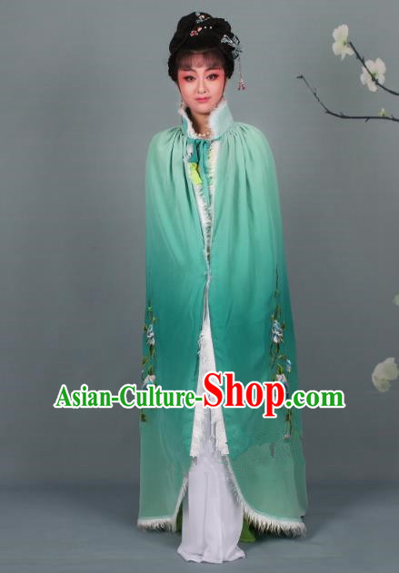 Top Grade Professional Beijing Opera Diva Costume Green Embroidered Cloak, Traditional Ancient Chinese Peking Opera Hua Tan Princess Embroidery Mantle