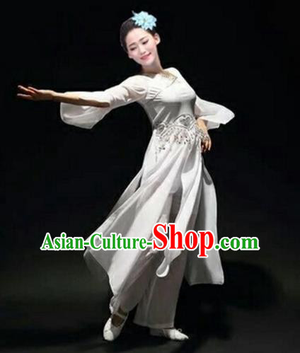 Traditional Chinese Classical Dance Fan Dance Costume, Folk Dance Umbrella Dance White Uniform Clothing for Women